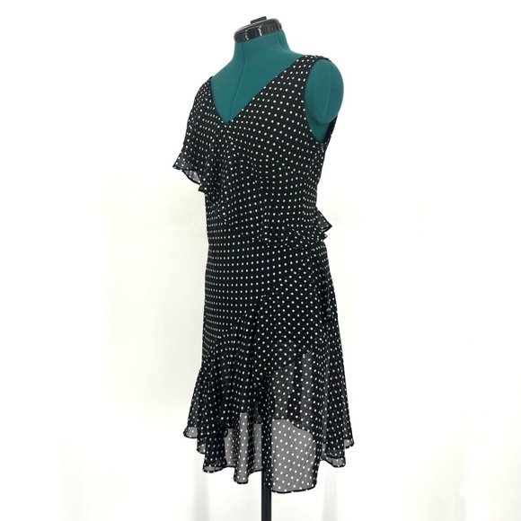 Chaps Black with White Polka Dots Asymmetrical Ruffled Lined Flutter Dress, 8 - Picture 4 of 17